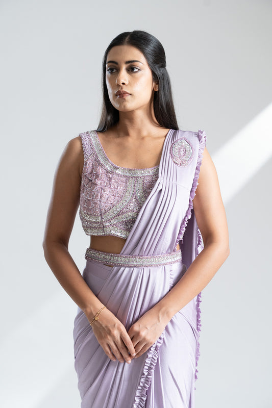Mauve Lycra Pre-Draped Designer Saree With Readymade Blouse