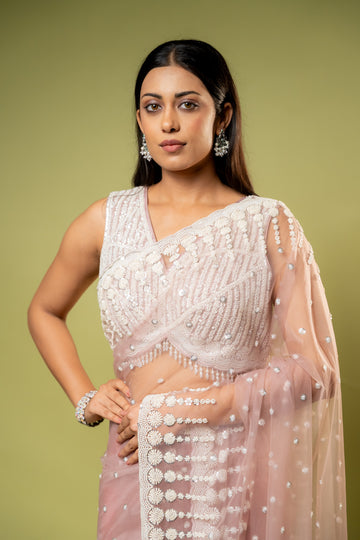 Gajari Georgette Net Embroidered Saree With Readymade Blouse