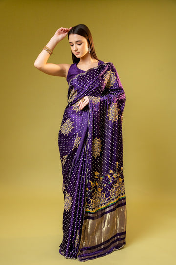 Purple Organza Embroidered Saree With Unstitched Blouse