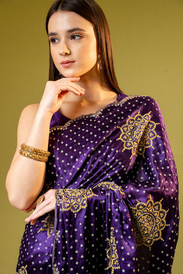 Purple Organza Embroidered Saree With Unstitched Blouse