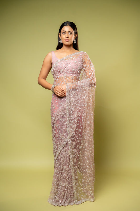 Onion Net Embroidered Saree With Unstitched Blouse