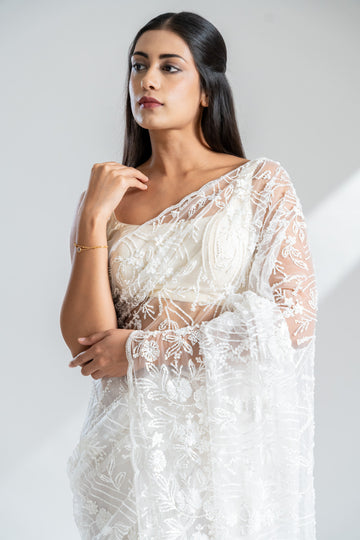 White Net Embroidered Saree With Unstitched Blouse