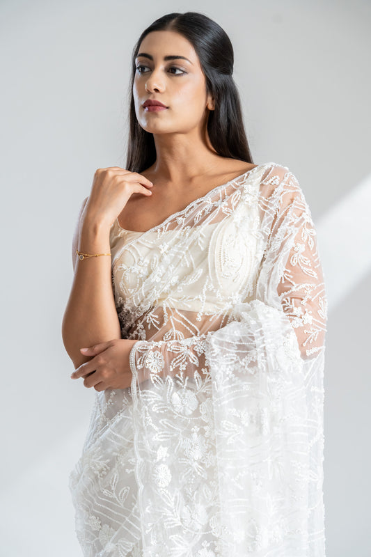White Net Embroidered Saree With Unstitched Blouse