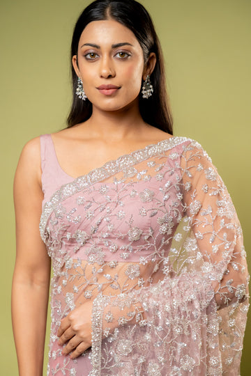 Onion Net Embroidered Saree With Unstitched Blouse