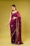 Garnet Chiffon Embroidered Saree With Unstitched Blouse
