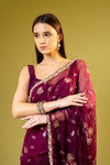 Garnet Chiffon Embroidered Saree With Unstitched Blouse