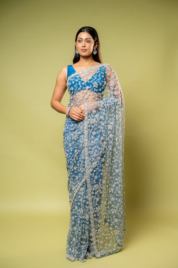 Blue Grey Net Embroidered Saree With Unstitched Blouse