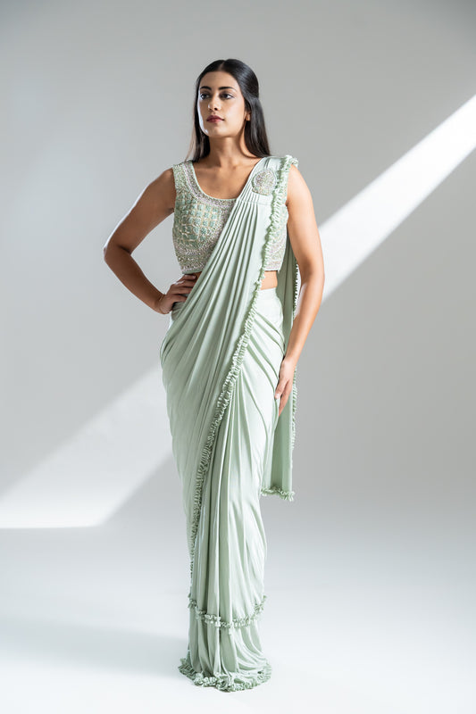 Pista Lycra Pre-Draped Designer Saree With Readymade Blouse