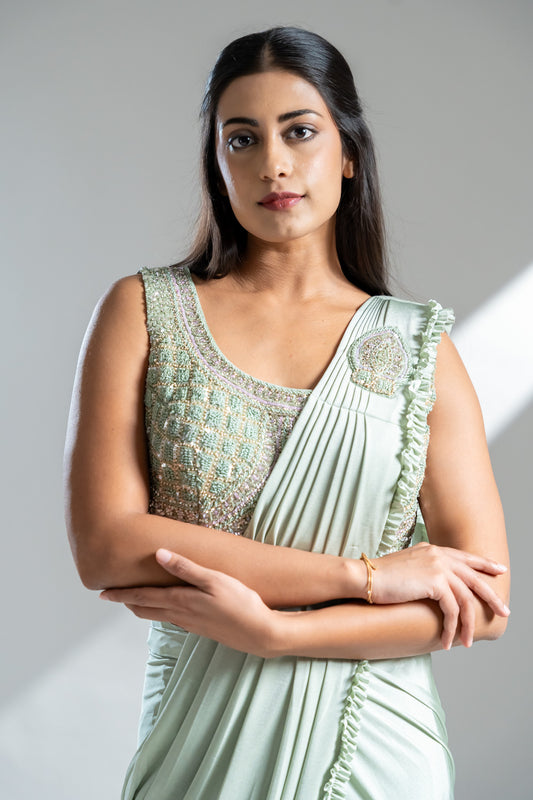 Pista Lycra Pre-Draped Designer Saree With Readymade Blouse