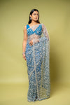 Blue Grey Net Embroidered Saree With Unstitched Blouse