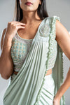 Pista Lycra Pre-Draped Designer Saree With Readymade Blouse