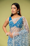 Blue Grey Net Embroidered Saree With Unstitched Blouse