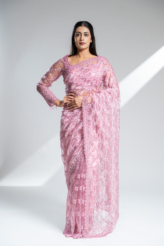 Gajari Organza Embroidered Saree With Readymade Blouse