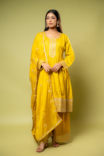 Mango Gold Dola Readymade Suit And Plazzo With Tissue Dupatta