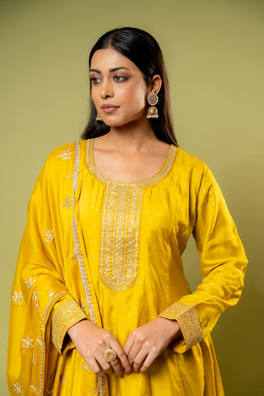 Mango Gold Dola Readymade Suit And Plazzo With Tissue Dupatta