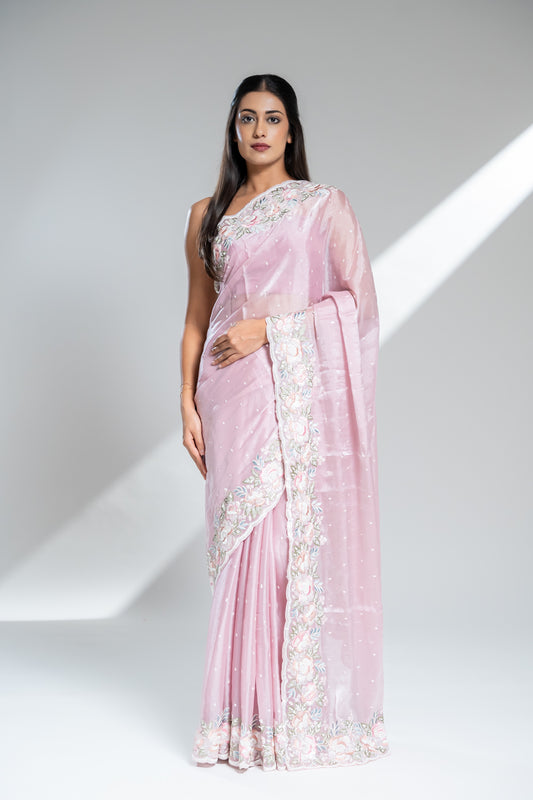 Pink Organza Tissue Embroidered Saree With Unstitched Blouse