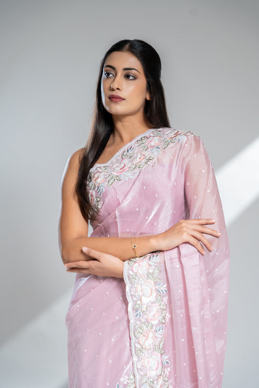Pink Organza Tissue Embroidered Saree With Unstitched Blouse
