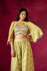 Pista Organza Short Top Sharara Set With Poncho