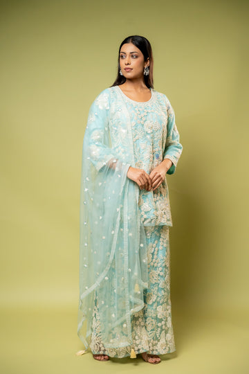 Sea Green Net Readymade Sharara Set With Net Dupatta
