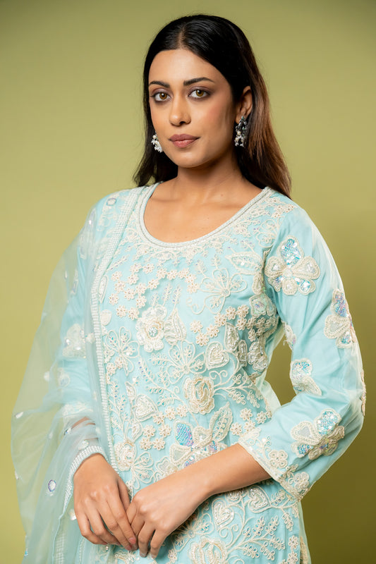Sea Green Net Readymade Sharara Set With Net Dupatta
