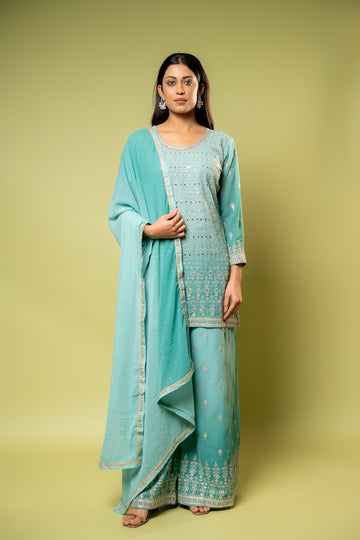 Tea green Georgette Readymade Sharara Set With Georgette Dupatta