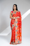 Red Khaddi Georgette Saree With Unstitched Blouse