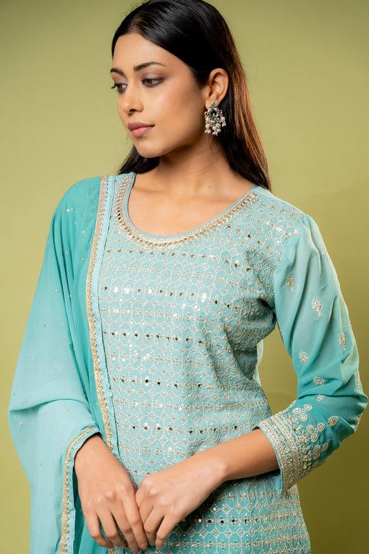 Tea green Georgette Readymade Sharara Set With Georgette Dupatta