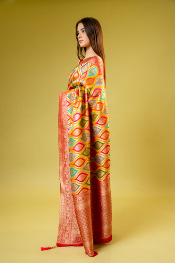 Mustard Banarasi Silk Saree With Unstitched Blouse
