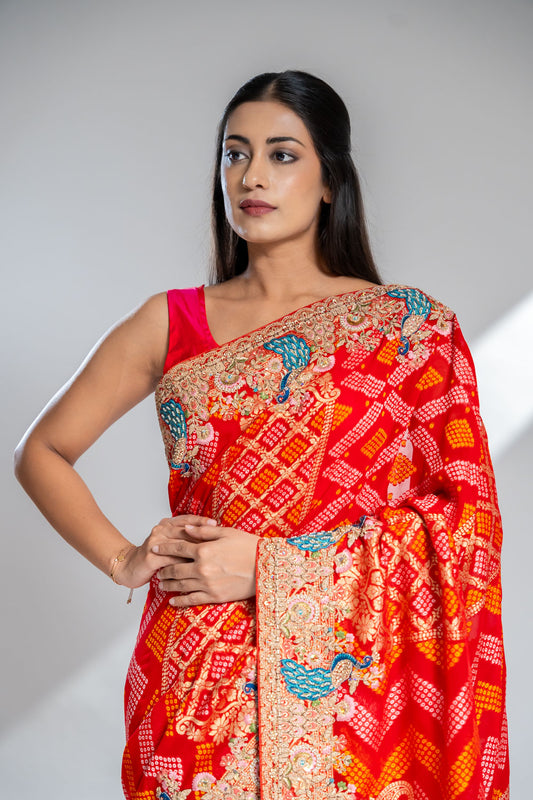Red Khaddi Georgette Saree With Unstitched Blouse