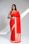 Red Banarasi Silk Saree With Unstitched Blouse