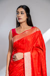 Red Banarasi Silk Saree With Unstitched Blouse