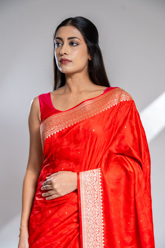 Red Banarasi Silk Saree With Unstitched Blouse
