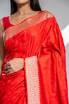 Red Banarasi Silk Saree With Unstitched Blouse