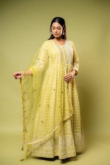 Pista Georgette Floor Length Readymade Suit And Net Dupatta