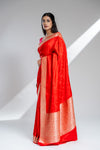 Red Banarasi Silk Saree With Unstitched Blouse