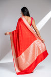 Red Banarasi Silk Saree With Unstitched Blouse