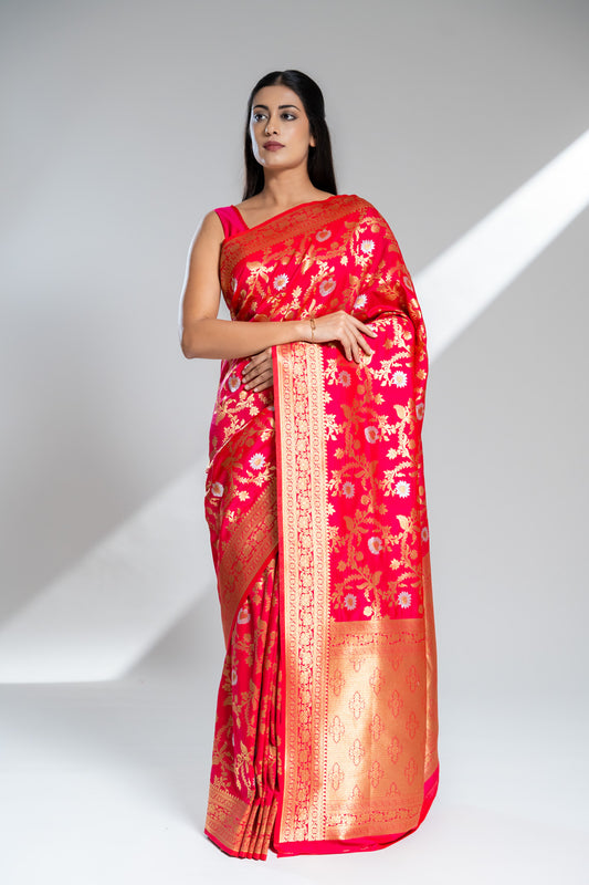 Rani Banarasi Silk Saree With Unstitched Blouse