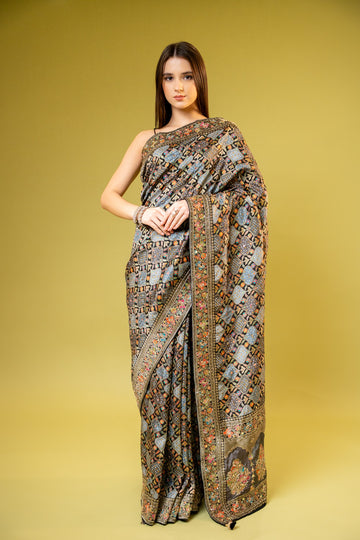 Black Banarasi Silk Saree With Unstitched Blouse