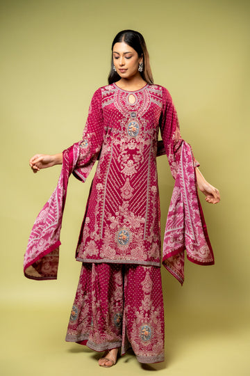 Maroon Crepe Readymade Sharara Set With Crepe Dupatta