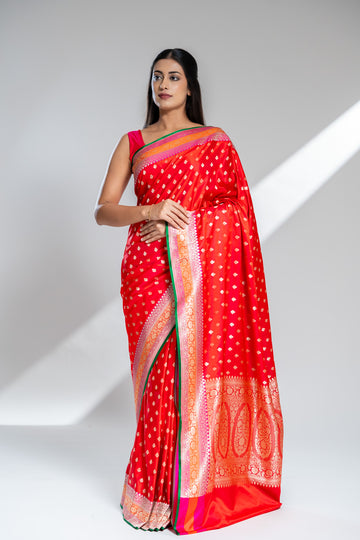 Red Banarasi Silk Saree With Unstitched Blouse