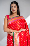 Red Banarasi Silk Saree With Unstitched Blouse