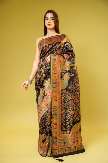 Black Banarasi Silk Saree With Unstitched Blouse