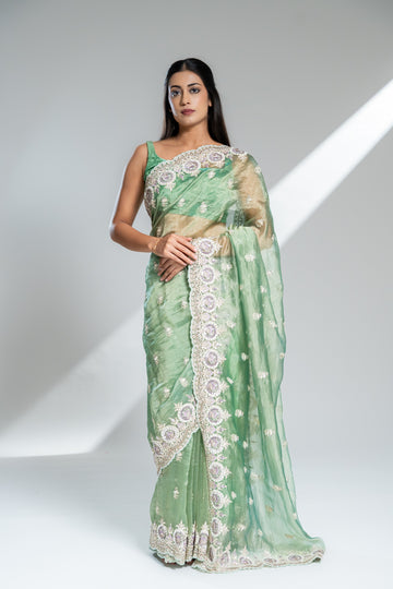 Pista Organza Tissue Embroidered Saree With Unstitched Blouse