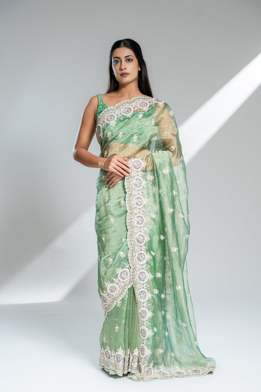 Pista Organza Tissue Embroidered Saree With Unstitched Blouse