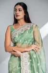 Pista Organza Tissue Embroidered Saree With Unstitched Blouse