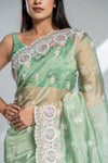 Pista Organza Tissue Embroidered Saree With Unstitched Blouse