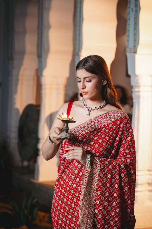 Red Georgette Embroidered Saree With Unstitched Blouse