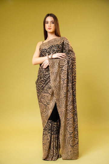 Black Georgette Embroidered Saree With Unstitched Blouse