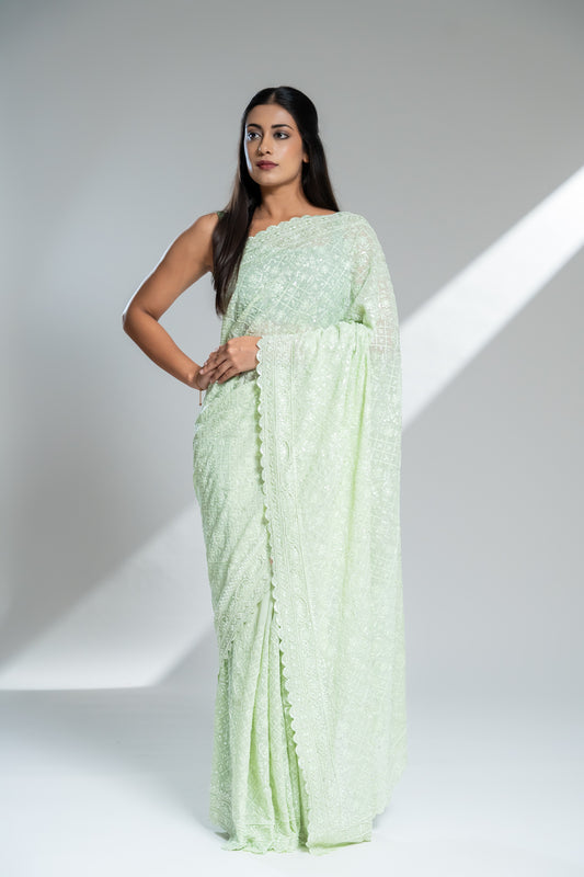 Sea Green Organza Tissue Embroidered Saree With Unstitched Blouse