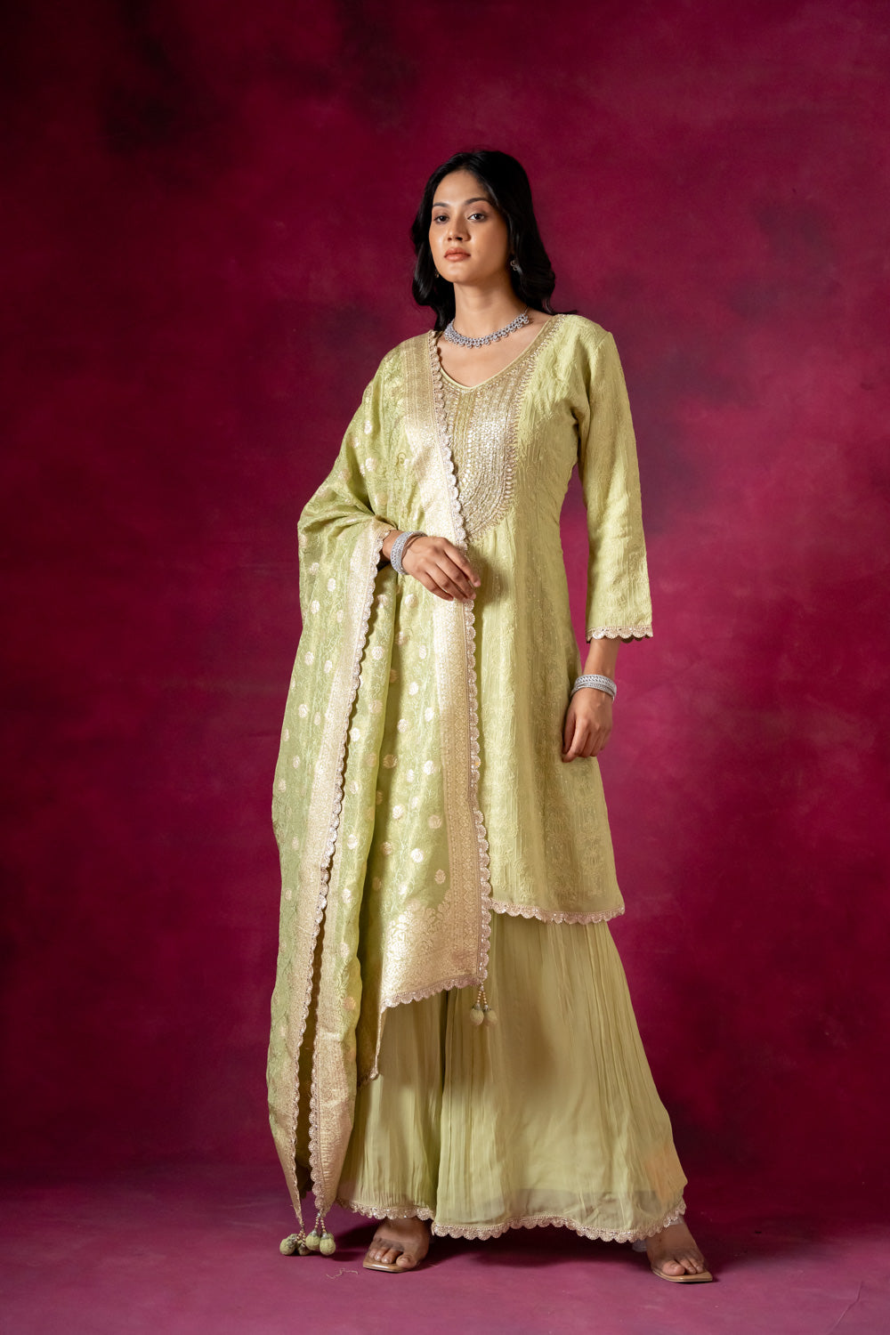 Pista Georgette Readymade Sharara Set With Organza Dupatta